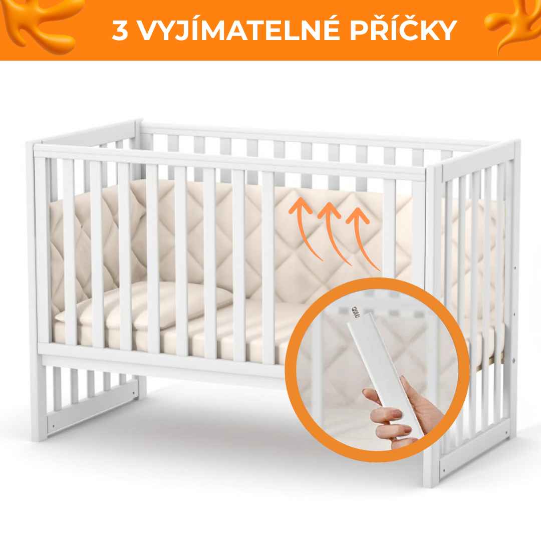 Sada. Dětská postýlka Sleeppo Gekko Kids 120x60 s kvalitní matrací. Bílá